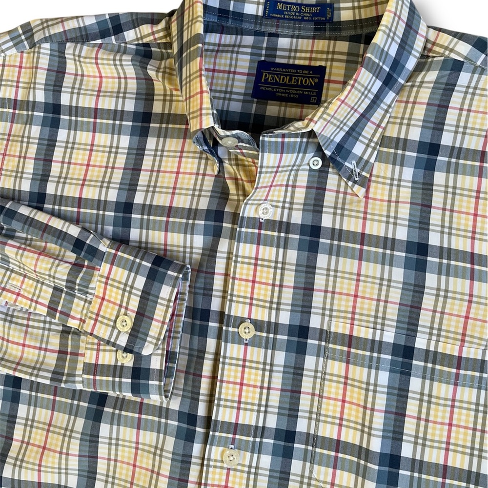 Pendleton Plaid Metro Shirt Mens Large‎ Wrinkle Resistant Yellow Button Up L/S